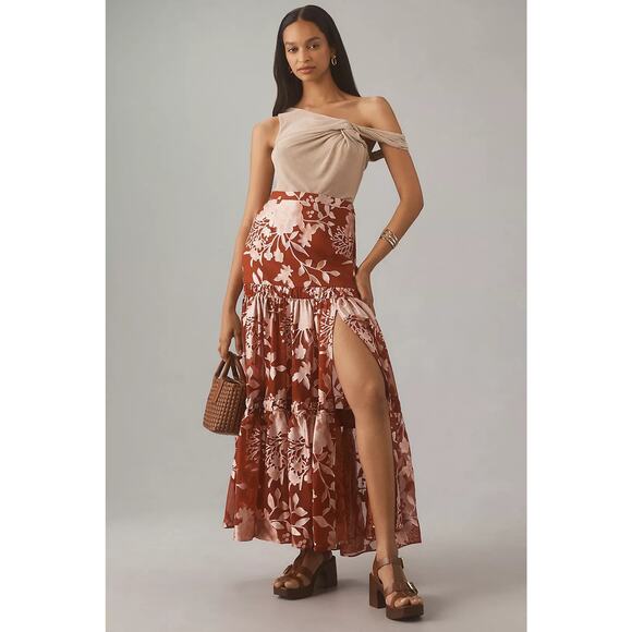 Anthropologie NWT Hutch Red Satin Floral Tiered Maxi Skirt Size Small - Picture 1 of 10